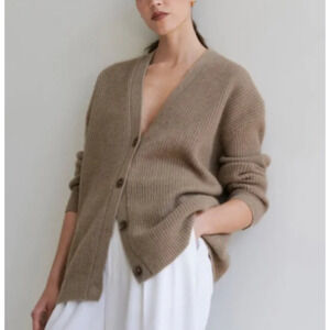 Jenni Kayne Cashmere Sweater XS Tan Ribbed Buttons Boxy Oversized Vneck